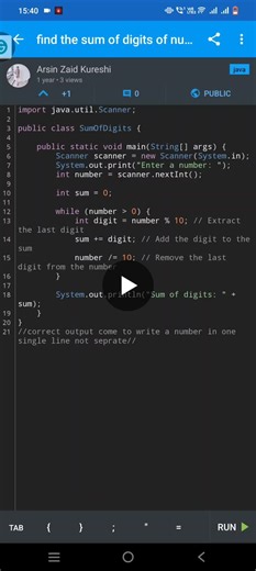 # find the sum of digits of number# java programming 💕❤️ | Arsin zaid kureshi