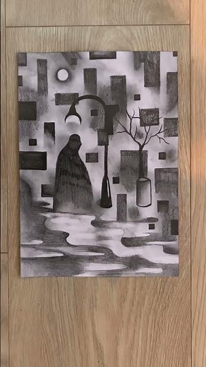 Loneliness abstract painting in charcoal pencils & relaxing art demonstration