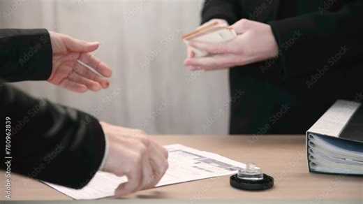 Transferring money from hand to hand, receiving documents at the office. Cash payment for document preparation services. Giving, accepting bribes. Stamping a document, counting banknotes, shaking hand