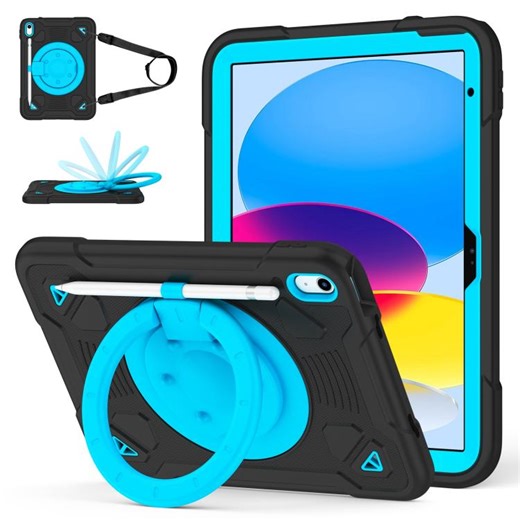 [$7.99] For iPad 2025 / 2022 Space Planet Ring Holder Silicone Hydric PC Tablet Case with Shoulder Strap(Black Blue)