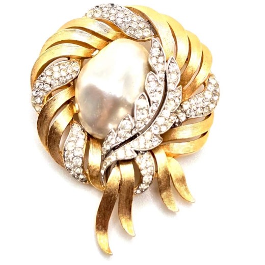 Vintage Trifari Crown Alfred Philippe Fantasia Faux Baroque Pearl Gold Tone Rhinestone Brooch Pin - Etsy