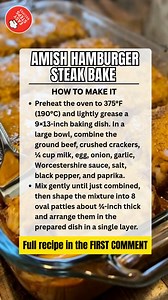 Amish Hamburger Steak Bake 🥩🧀 Ingredients 2 lbs ground beef (80/20) ¾ cup crushed saltine crackers or breadcrumbs ¼ cup milk 1 large egg 1 small onion 2 cloves garlic 1 tbsp Worcestershire sauce 1 tsp salt 1 tsp black pepper ½ tsp paprika Sauce 2 (10.5 oz) cans cream of mushroom soup 1 cup milk 1 tbsp Worcestershire sauce ½ tsp black pepper Topping 2 ½ cups shredded sharp cheddar cheese Paprika for dusting Serves: 6–8 Dish Size: 9×13-inch baking dish How to Make: Preheat the oven to 375°F (190