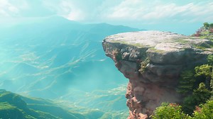 Download Edge of a mountain with rock on top, cliff and valley below realistic wallpaper motion for free