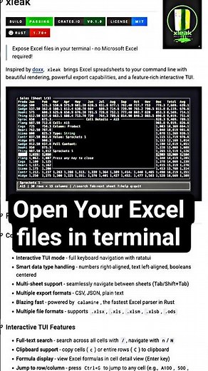 Open HUGE CSV / Excel Files in Terminal — xleak (Fast Rust TUI Viewer) #github #repohunter #linux