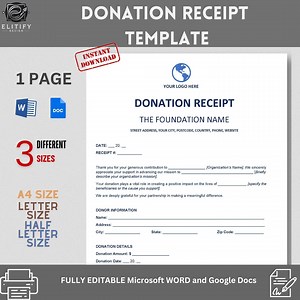 DONATION RECEIPT TEMPLATE / A4, Letter Size, Half Letter Size Receipt Template, Donation Receipt Form, Charity Receipt, Charity Invoice - Etsy