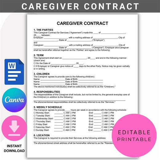 Caregiver Contract, Nanny Contract, Elder Care Contract, Homecare Agreement, Child Care Agreement, Daycare Contract, Canva, Word, PDF - Etsy