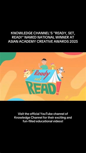 Knowledge Channel Foundation Inc.’s educational television series “Ready, Set, Read!” was named the national winner for the Philippines in the Best Children’s Program category at the Asian Academy Creative Awards (AACA) 2025 and is set to represent the country in Singapore on December 4. Congratulations, Kapamilya! 💙💚♥️ #KnowledgeChannel #ABSCBN ##ABSCBNPR #AsianAcademyCreativeAwards | ABS-CBN PR
