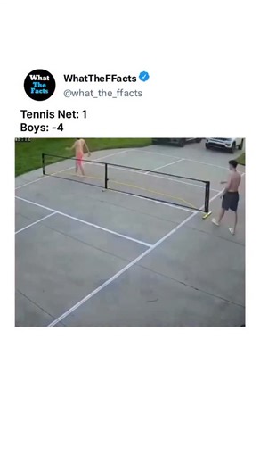 What_The_Facts on Instagram: "This video captures a lighthearted, comedic moment involving two young men attempting to set up a portable pickleball or tennis net on a concrete driveway. As they struggle to tighten the straps and secure the posts, the video undergoes a dramatic cinematic transformation. In a parody of Hollywood action films, the simple act of the net collapsing is edited with high-intensity music (Linkin Park’s "What I've Done"), explosive sound effects, and rapid-fire cuts. The 