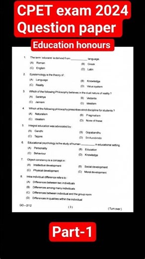 CPET exam 2024//pg entrance education honours//question paper #pgentranceexam #2024question #cpet🙏🙏🙏