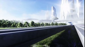 futuristic sci fi monorail train. Concept of future. Futuristic city background. Grass field. 4K realistic animation.