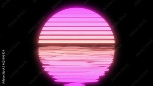 Retro sun sunset on a starry sky and water waves bright neon rays, vibrant shine with neon glow around the sun. Screensaver for advertising and space for products. Synthwave, vaporwave sunset