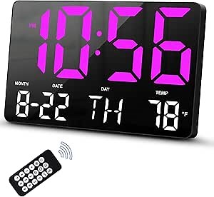 Hournor Digital Clock, Digital Wall Clock with Remote Control, LED Clock Large Display with Date Week Temperature for Living Room Decor, Large Wall Clocks for Bedroom Office Gym Shop Garage (Pink)