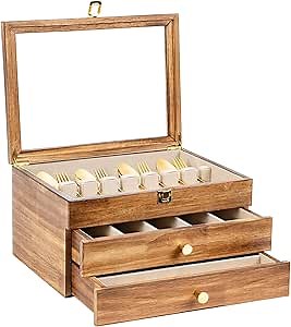 Silverware Box, 3-Layer Wooden Silverware Storage Box with Glass Lid, 14.5×10.6 Inches Vintage Style Decor Flatware Storage Case for Fine Flatware & Utensils, Gift Idea (Torched Wood)