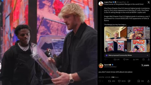 IShowSpeed opened up to Logan Paul about how One Piece saved his life after Logan Paul showed him his Chapter 1 of One Piece manga. A day later, IShowSpeed replied to his post with a 25× ratio 😭 “you don’t even know shit about one piece”