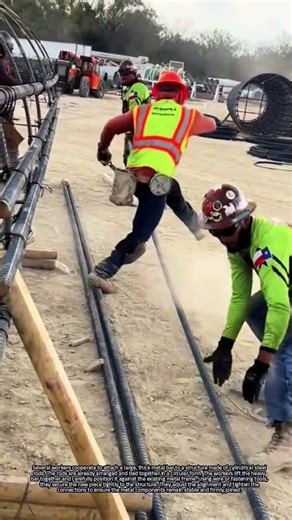 Workers Attaching a Heavy Metal Bar to a Cylindrical Steel Reinforcement Frame