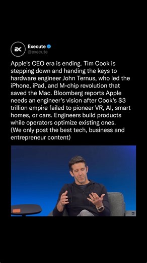 Execute on Instagram: "Apple's CEO era is ending with Tim Cook stepping down and appointing hardware engineer John Ternus. Ternus, who led the iPhone, iPad, and M-chip revolution, is needed to lead Apple's vision after Cook's failed ventures in VR, AI, smart homes, and cars. Let us know your thoughts below ⬇️ - Follow @execute"