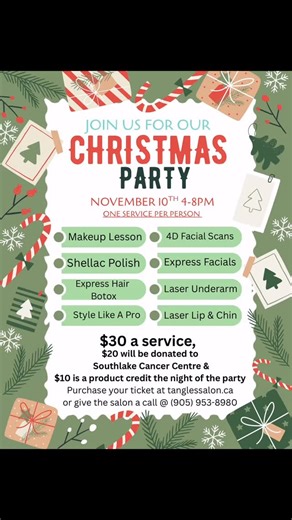 Tangles Annual Christmas Party is just days away and spots are filling up fast. We have 1 spot available for a 4D Facial Scan. 1 Style like a pro lesson. 2 Shellac Manicures. 1 Hair Botox Express. Call us or book your spot online. See you Monday November 10th from 4pm-8pm. | Tangles Hair Salon & Spa Holland Landing | Facebook