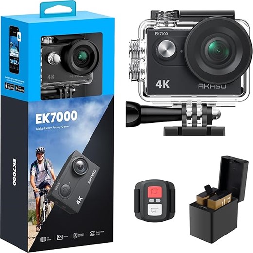 AKASO Action Cam,4K30FPS 20MP WiFi Unterwasserkamera EIS Stabilisierung 170° Weitwinkel Ultra HD Action Kamera mit 4X Zoom und 2x1050mAh Akkus-EK7000 Schwarz