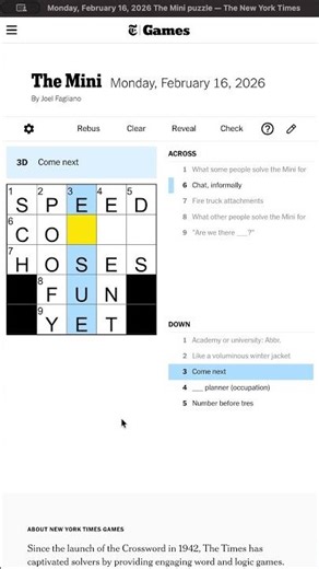 NYT Mini Crossword - February 16th 2026