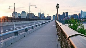 The iconic landmarks of Boston in Massachusetts, USA, the Longfellow bridge at sunset.