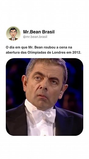 🔥 Mr. Bean brilhando ao vivo na Abertura das Olimpíadas de Londres 2012. Uma das aparições mais marcantes de todas as cerimônias olímpicas! 😂 Rowan Atkinson, interpretando o eterno Mr. Bean, fez o mundo inteiro cair na risada durante a abertura dos Jogos de 2012. Ele dividiu o palco com a prestigiada London Symphony Orchestra, conduzida por Sir Simon Rattle, em uma apresentação memorável da clássica trilha de “Carruagens de Fogo”, claro, com aquele humor irresistível que só Mr. Bean consegue e