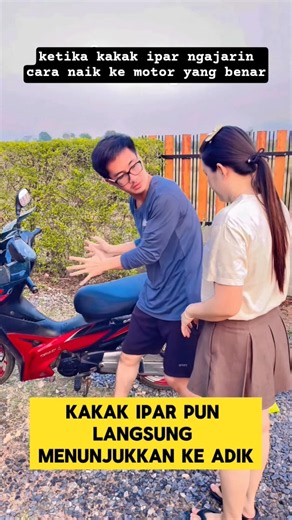 Funny moment when a brother/sister-in-law teaches their sibling-in-law how to get on a motorcycle...
