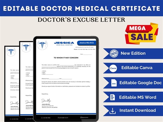 Editable Doctor’s Note Template | Medical Excuse Letter for Work & School | A4 Medical Certificate (canva, Word, Google Docs) - Etsy Australia