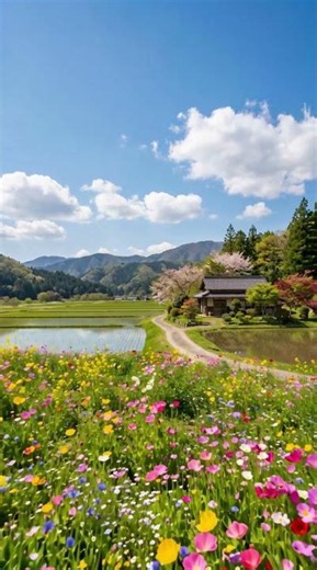 【癒やし・背景動画】春の里山風景 4K｜水田に映る青空と満開の花々・古民家（著作権フリー・Webサイト・映像制作素材）