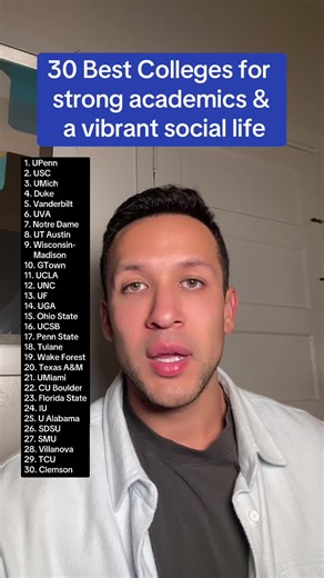 30 Best colleges for really strong academics AND a vibrant social life. These are the types of colleges where overachievers go and still remember the importance of having fun . . . . . . #highschool #college #collegelife #collegestudents #fyp