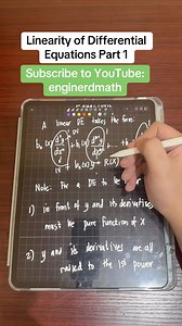 Linearity of Differential Equations Part 1 #enginerdmath #math Watch also: Finding Dependent and Independent Variables, Parameters, and Types of Differential Equations Part 1 https://www.facebook.com/share/v/19KHLK1VYX/?mibextid=wwXIfr Finding Dependent and Independent Variables, Parameters, and Types of Differential Equations Part 2 https://www.facebook.com/share/v/1CQGaxyVEb/?mibextid=wwXIfr Finding Dependent and Independent Variables, Parameters, and Types of Differential Equations Part 3 htt