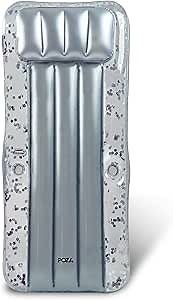 POZA Inflatable Giant Pool Mattress - Big Luxurious Pool Float Lounger Filled with Sparkle Confetti, Premium Thick Air Mat, Built in Headrest, Phone Holder, and Cup Holders - 76x32 Inches