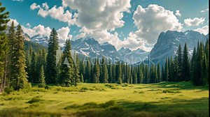 Grassy Field With Trees and Mountains in the Background, A Broad alpine meadow with towering pine trees and distant snowy peaks as the backdrop