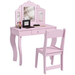 AIYAPLAY Kids Mirrored Vanity Dressing Table Set with Stool and Drawer - Pink