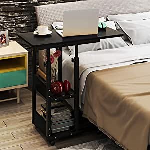 BXT Overbed Table with Wheels Heavy-Duty Movable Couch Sofa End Table with 2 Compartment Display Bookcase,C Shaped Mobile Laptop Stands Slide Computer Desk for Home Office Use (Adjustable#Black)