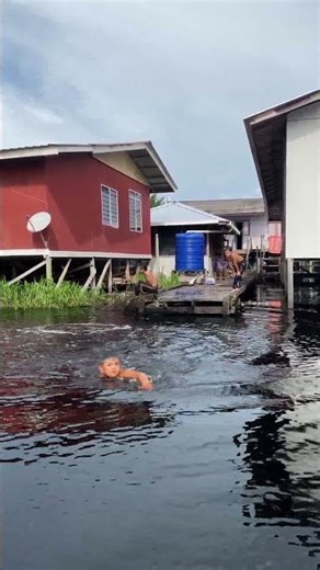 Children swim in the river.