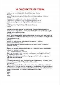 Virginia Va Contractor License Exam TEST BANK For Class A B C Latest Questions And Correct Answers