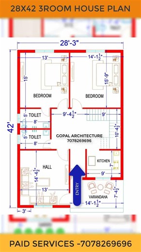 28X42 3ROOM HOUSE PLAN