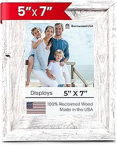Farmhouse Style Rustic Picture Frame - Reclaimed Wood Photo – Signature Wall Picture Frames for Living Room, Bedroom, Office Display - Wooden Frames for Décor Made in USA White Wash 5" x 7"