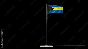 The Bahamas flag on a flagpole in full growth waving in the wind. You can cut this footage from the background (Luma Mattes). The Commonwealth of The Bahamas.