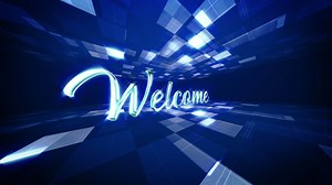 Welcome blue text Science technology cinematic title background.