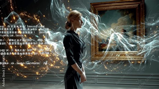 A powerful, elegant woman standing calmly inside a grand modern art museum gallery while a storm of floating holographic data, glowing code fragments, AI-generated images and digital light swirls chao