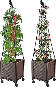 Raised Garden Bed Planter Boxes with Trellis 2 Pack, 47" Self-Watering Tomato Planters for Climbing Plants, Outdoor Patio, Tomatoes Cage with Wheels for Vegetable Vine Indoor Flower Pot