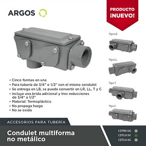 El condulet multiforma no metálico está diseñado para uso en instalaciones eléctricas en general con cualquier tipo de tubería metálica o plástica, roscada o lisa de 1/2” o 3/4”. Facilita tanto el manejo de existencias como la instalación en campo. #ProductoArgos www.argoselectrica.com | Argos Eléctrica
