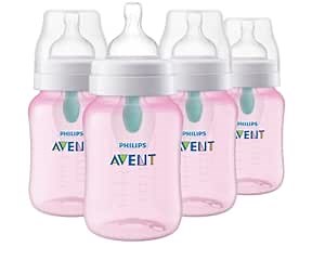 Philips Avent Anti-Colic Baby Bottle with AirFree Vent, 9oz, with Flow 2 Nipples, 1m+, 4pk, Pink, SCY703/14