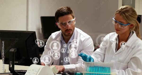 Working with computer and test tubes, scientists in lab coats analyzing data animation Stock Video