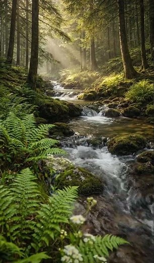 Peaceful Forest Stream Morning Sunlight 🌲| Relaxing Nature Sounds for Sleep, Study Meditation🧚‍♀️