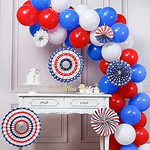PartyWoo Red White Blue Balloon, 56 pcs 12 Inch Red Balloons, White Balloons, Royal Blue Balloons, Paper Fans for American Party Decorations, Red White and Blue Decorations, America Party