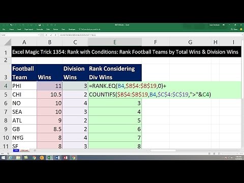 Excel Magic Trick 1354: Rank with Criteria: Rank Football Teams by Total Wins & Division Wins
