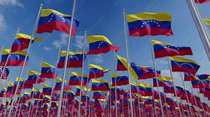 Venezuela's National Flag. High resolution digital 3d render of Venezuela flags blowing in the wind on beautiful sky. Waving realistic national colorful flags. Bandera Venezolana.