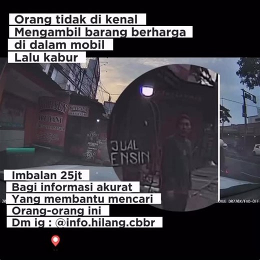 Dashcam Indonesia on Instagram: "⚠️ MOHON BANTUANNYA ⚠️ Kronologi : Pada hari ini Rabu 3 Desember 2025, telah terjadi kejadian pencurian di Jalan Transyogi (Alternatif Cibubur). Dua orang tidak dikenal terekam dalam video dashcam diduga terlibat dalam kejadian ini, dengan modus menawarkan bantuan ketika ban mobil saya bocor. Pada saat kejadian, anak saya yang berusia 6 tahun juga berada di dalam mobil. Kami mencari informasi akurat mengenai dua orang yang terlihat dalam rekaman tersebut. Bagi si